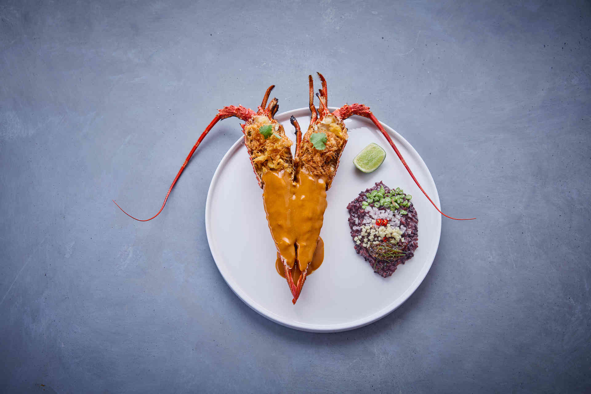 Languste, Tom Yam Bisque, Knuspriges Ei und schwarzer Reis © Helge Kirchberger Photography